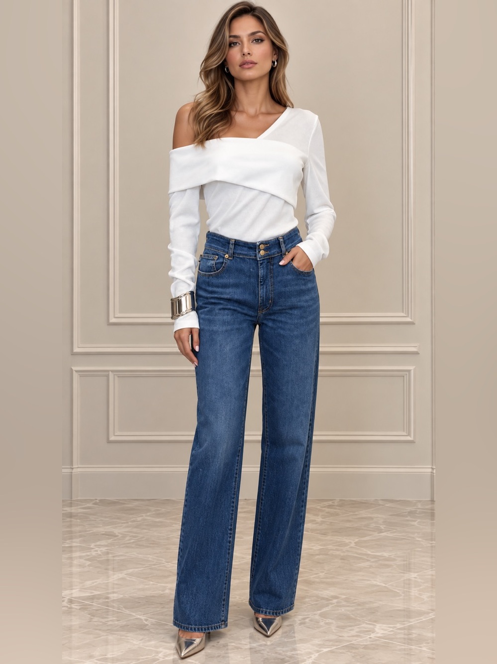 Mango White Asymmetrical Off-Shoulder Long Sleeve Top size M